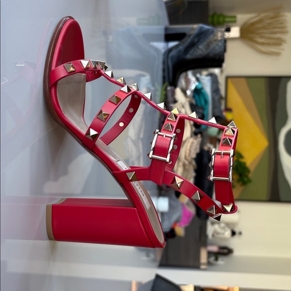 Valentino Garavani Red Studded Block Heel Sandals - Picture 4 of 5
